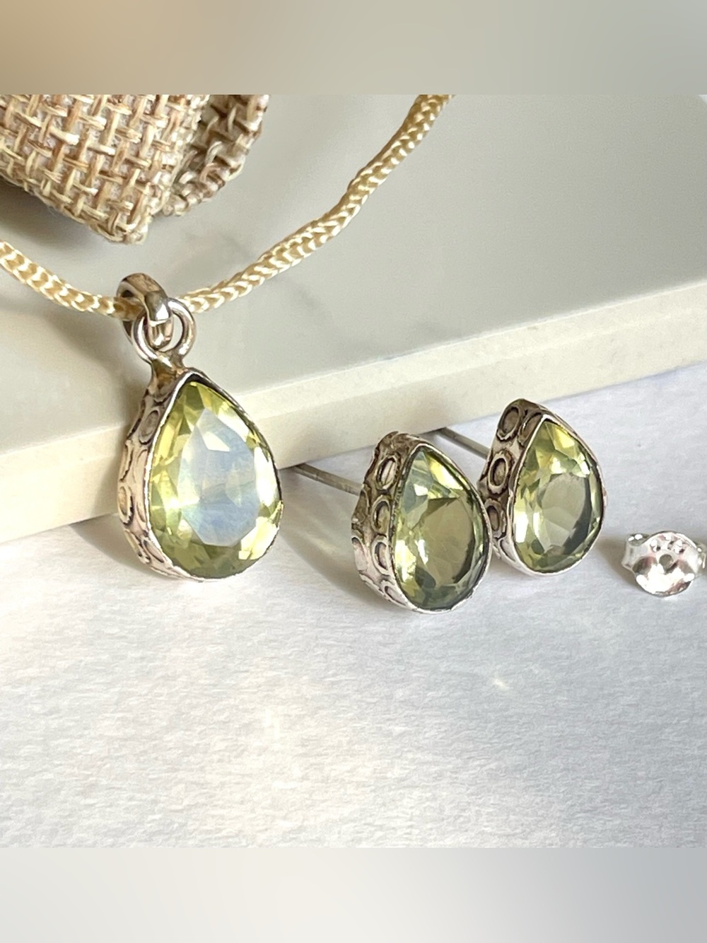Pendent with earrings 3 pc. set 925 Sterling Silver, lemon Quartz, Handmade!!